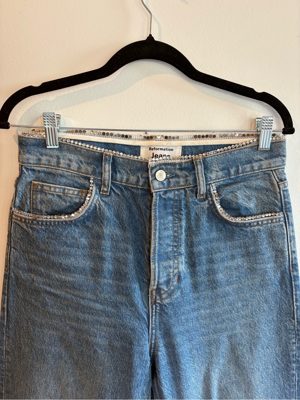 Reformation Mid-Blue Straight Jeans with jewel details - Picture 2 of 5